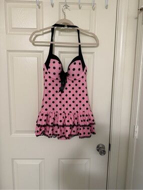 Pink Polka Dot Ruffle Swimdress with Black Accents